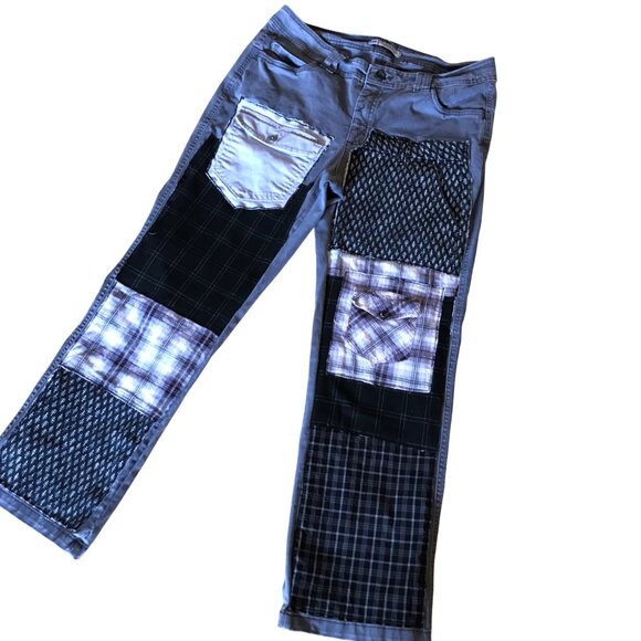 Grunge Hippie Pants, 12 Petite: Upcycled Gray Tattered Patchwork Grunge Jeans - Picture 5 of 8